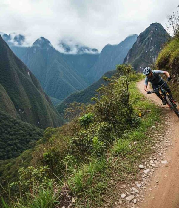 Un ciclista de montaña sintiendo la adrenalina en el camino a Machu Picchu, descendiendo a toda velocidad por un sendero andino con la selva de fondo