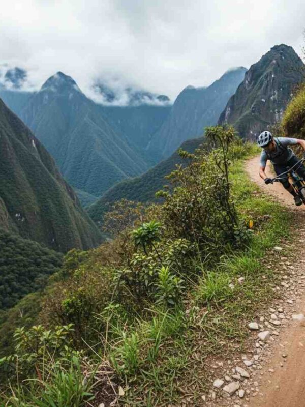 Un ciclista de montaña sintiendo la adrenalina en el camino a Machu Picchu, descendiendo a toda velocidad por un sendero andino con la selva de fondo