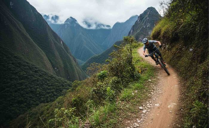 Un ciclista de montaña sintiendo la adrenalina en el camino a Machu Picchu, descendiendo a toda velocidad por un sendero andino con la selva de fondo