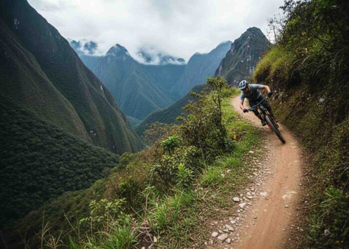 Un ciclista de montaña sintiendo la adrenalina en el camino a Machu Picchu, descendiendo a toda velocidad por un sendero andino con la selva de fondo