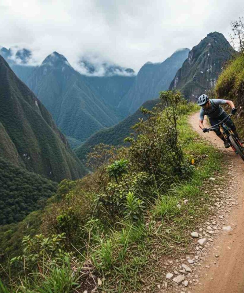 Un ciclista de montaña sintiendo la adrenalina en el camino a Machu Picchu, descendiendo a toda velocidad por un sendero andino con la selva de fondo