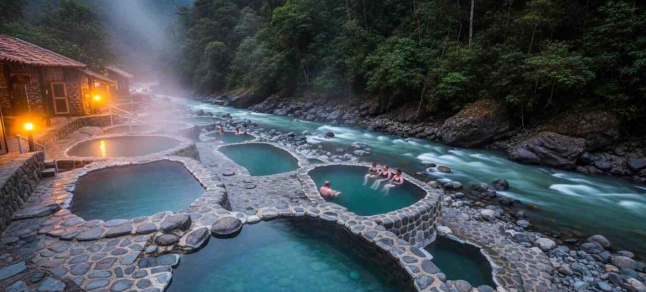 Las paradisíacas Aguas Termales de Cocalmayo al atardecer, con vapor elevándose de las pozas cristalinas junto al río, siendo disfrutadas por viajeros del Inka Jungle