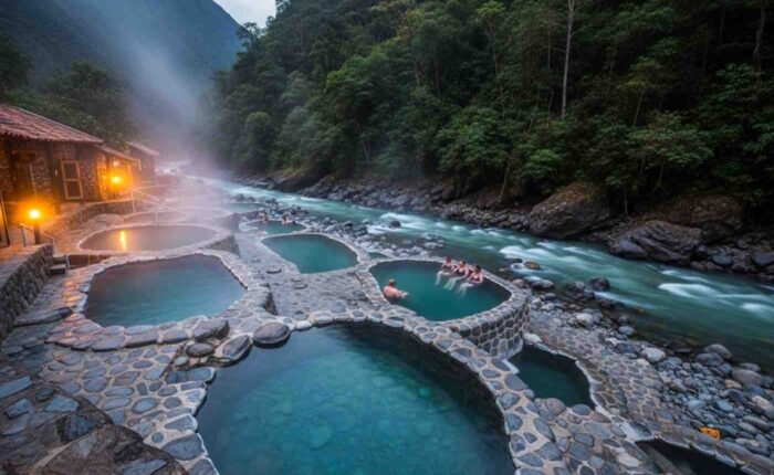 Las paradisíacas Aguas Termales de Cocalmayo al atardecer, con vapor elevándose de las pozas cristalinas junto al río, siendo disfrutadas por viajeros del Inka Jungle