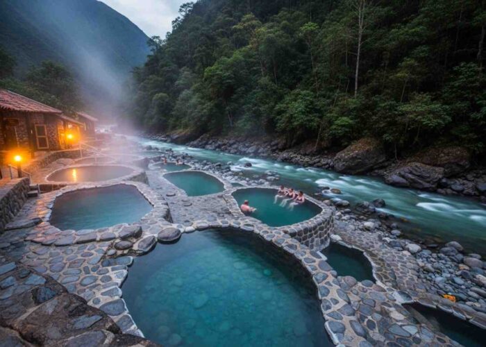 Las paradisíacas Aguas Termales de Cocalmayo al atardecer, con vapor elevándose de las pozas cristalinas junto al río, siendo disfrutadas por viajeros del Inka Jungle