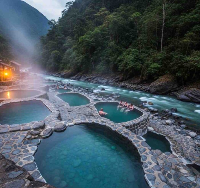 Las paradisíacas Aguas Termales de Cocalmayo al atardecer, con vapor elevándose de las pozas cristalinas junto al río, siendo disfrutadas por viajeros del Inka Jungle