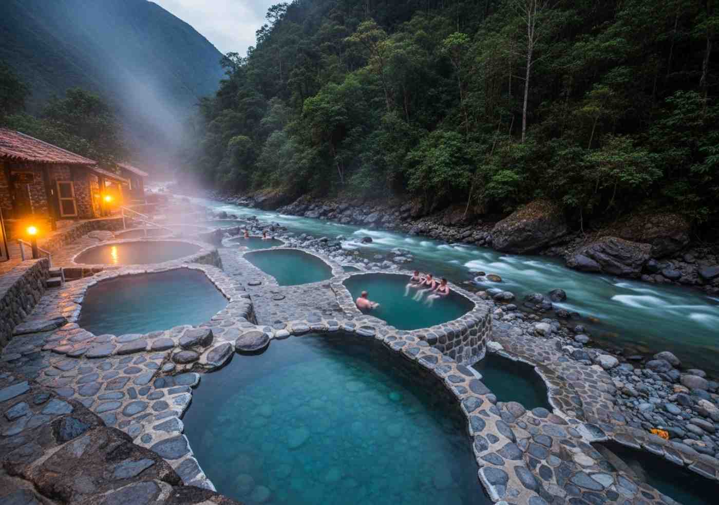 aguas-termales-de-cocalmayo Las paradisíacas Aguas Termales de Cocalmayo al atardecer, con vapor elevándose de las pozas cristalinas junto al río, siendo disfrutadas por viajeros del Inka Jungle