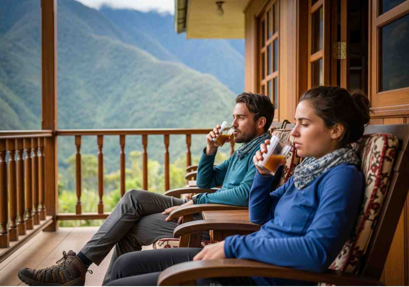 Viajeros descansando en un cómodo hotel en Aguas Calientes durante el tour Inka Jungle