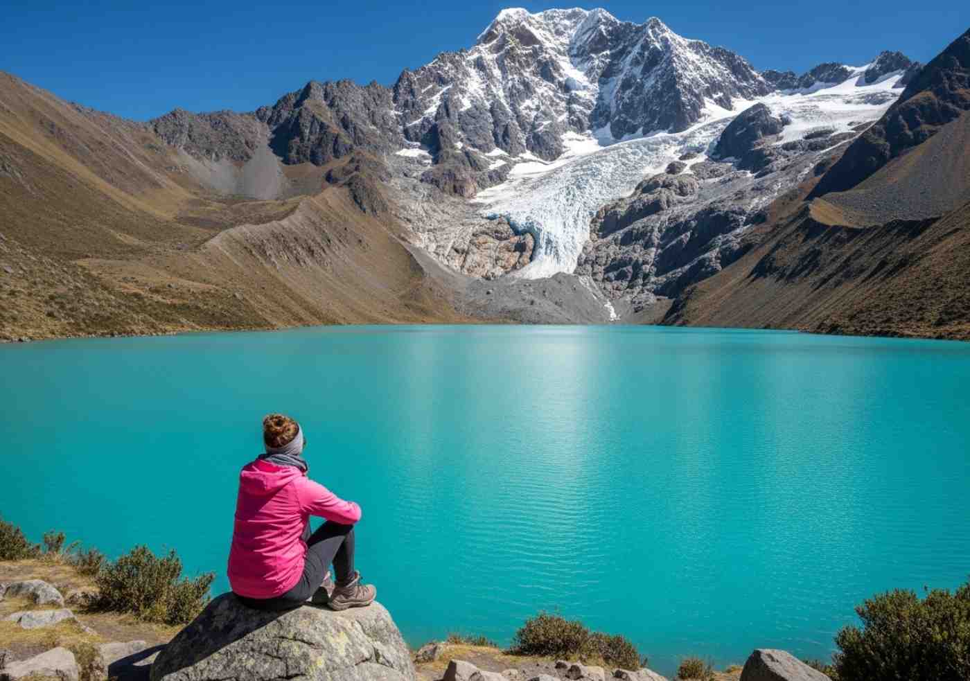 Vista de la Laguna Humantay, una joya de la ruta Salkantay como alternativa al Camino Inca