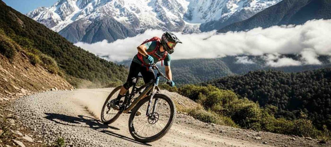 Vista panorámica de un ciclista de montaña en la ruta de aventura a Machu Picchu en bicicleta y balsa, descendiendo por el Abra Málaga
