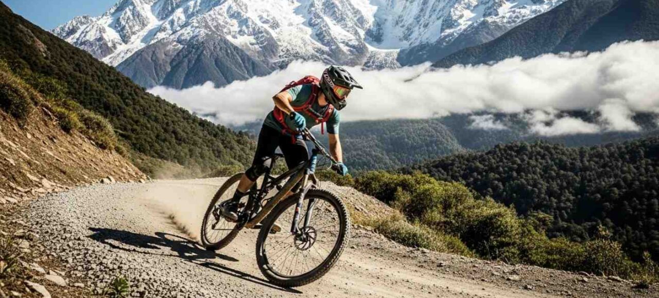 Vista panorámica de un ciclista de montaña en la ruta de aventura a Machu Picchu en bicicleta y balsa, descendiendo por el Abra Málaga