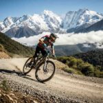 Vista panorámica de un ciclista de montaña en la ruta de aventura a Machu Picchu en bicicleta y balsa, descendiendo por el Abra Málaga
