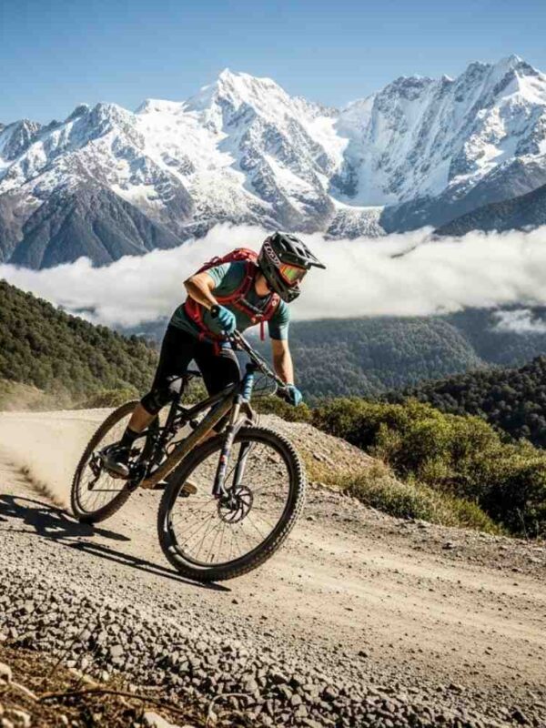 Vista panorámica de un ciclista de montaña en la ruta de aventura a Machu Picchu en bicicleta y balsa, descendiendo por el Abra Málaga