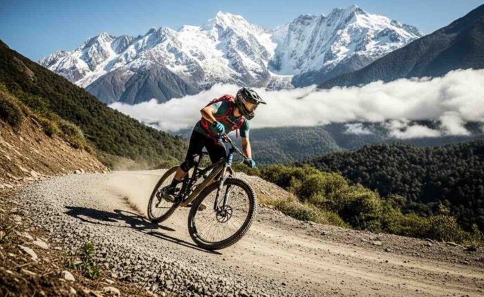 Vista panorámica de un ciclista de montaña en la ruta de aventura a Machu Picchu en bicicleta y balsa, descendiendo por el Abra Málaga