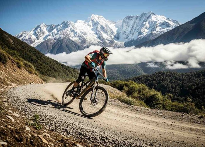 Vista panorámica de un ciclista de montaña en la ruta de aventura a Machu Picchu en bicicleta y balsa, descendiendo por el Abra Málaga