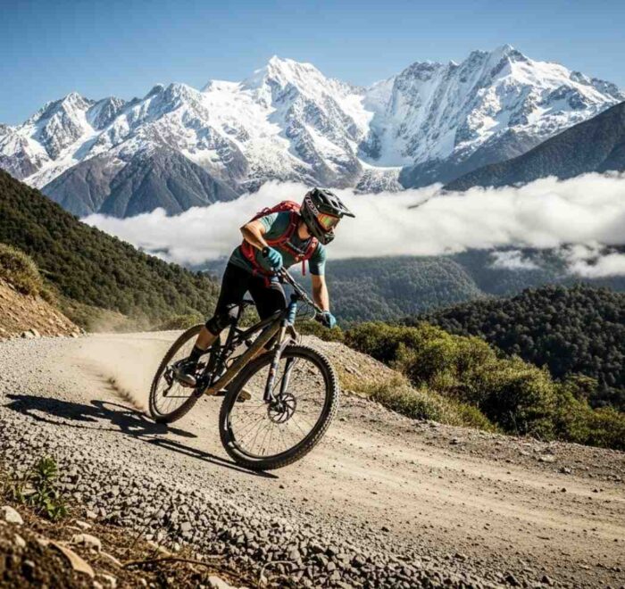 Vista panorámica de un ciclista de montaña en la ruta de aventura a Machu Picchu en bicicleta y balsa, descendiendo por el Abra Málaga