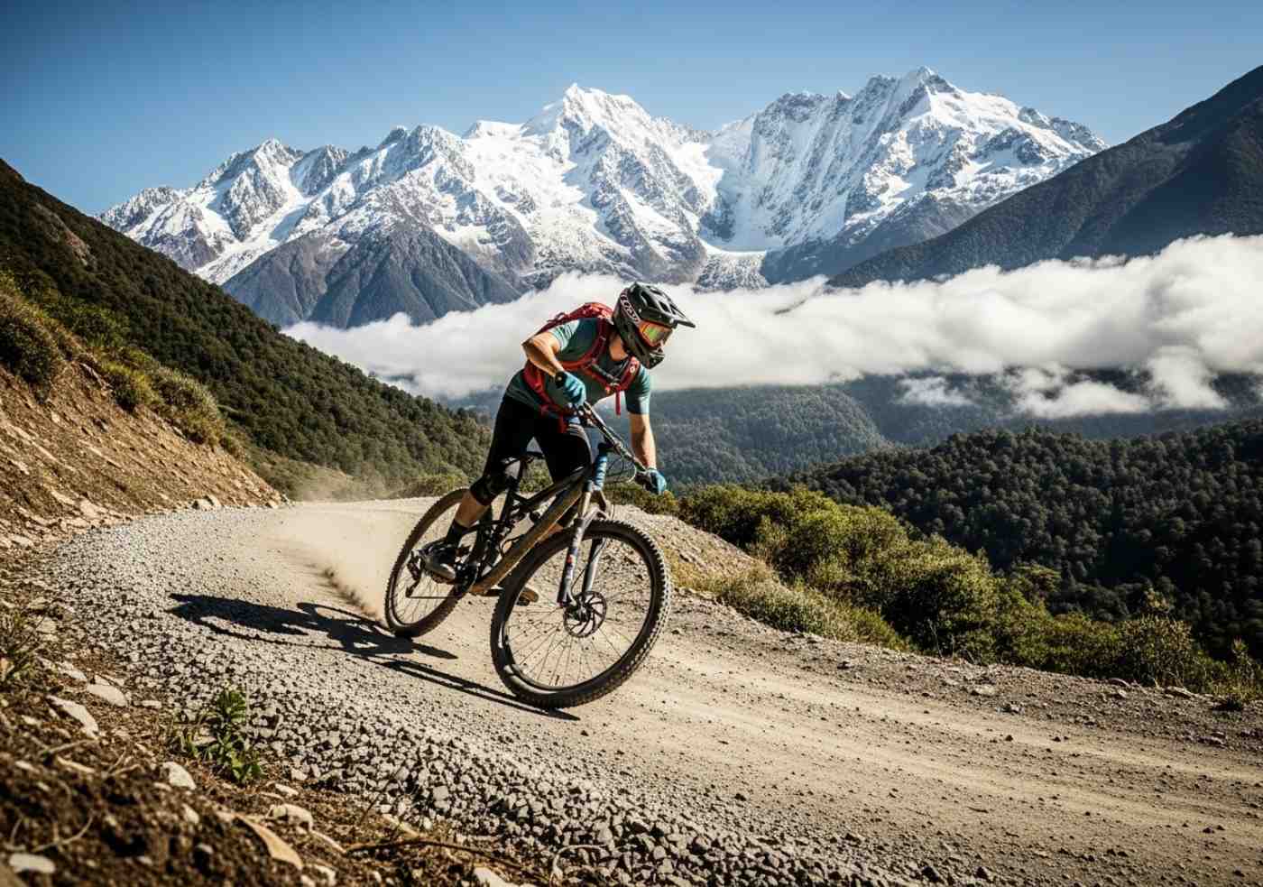 aventura-machu-picchu-bicicleta-balsa Vista panorámica de un ciclista de montaña en la ruta de aventura a Machu Picchu en bicicleta y balsa, descendiendo por el Abra Málaga