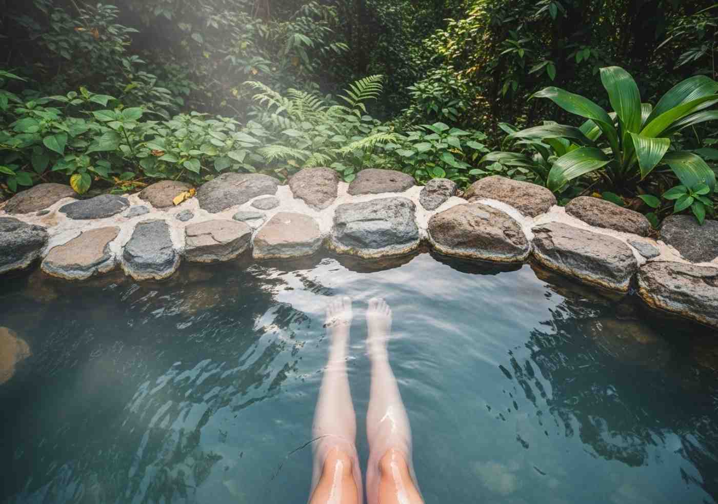 Excursionista relajando las piernas en los baños termales de Aguas Calientes después del Camino Inca