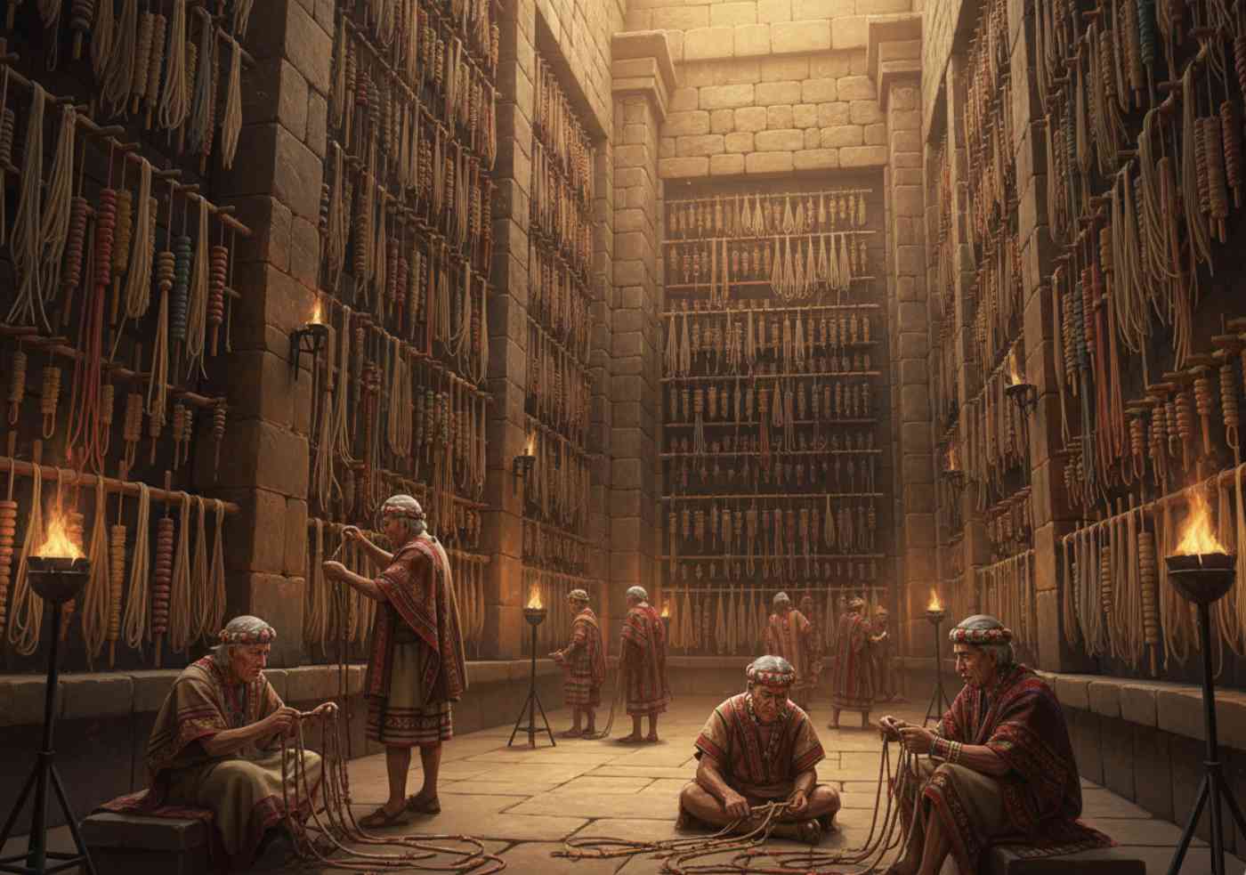Ilustración de una vasta biblioteca de quipus inca, un archivo de conocimiento andino gestionado por los Quipucamayocs antes de la conquista.