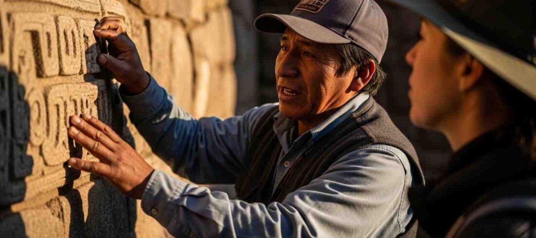 Un buen guía de turismo explicando con pasión la historia de unas ruinas incas a un grupo de viajeros atentos en los Andes de Perú