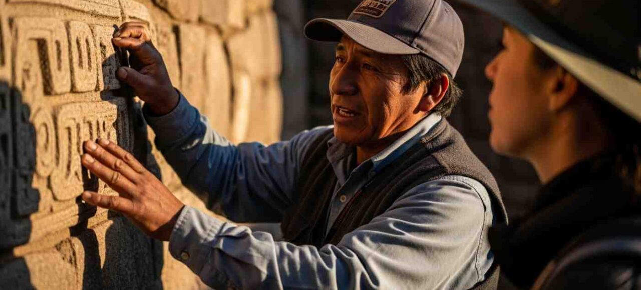 Un buen guía de turismo explicando con pasión la historia de unas ruinas incas a un grupo de viajeros atentos en los Andes de Perú