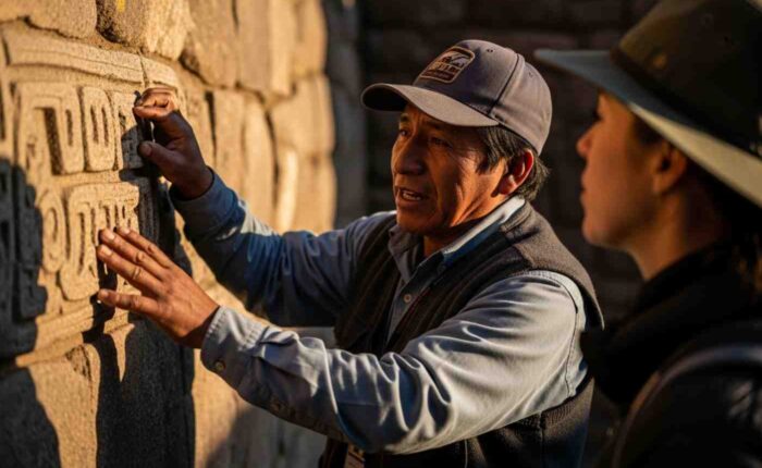 Un buen guía de turismo explicando con pasión la historia de unas ruinas incas a un grupo de viajeros atentos en los Andes de Perú