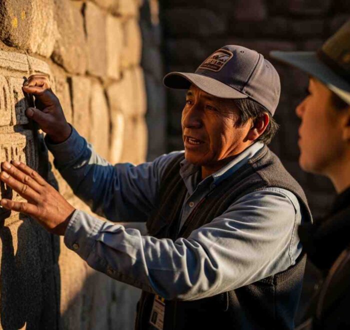 Un buen guía de turismo explicando con pasión la historia de unas ruinas incas a un grupo de viajeros atentos en los Andes de Perú