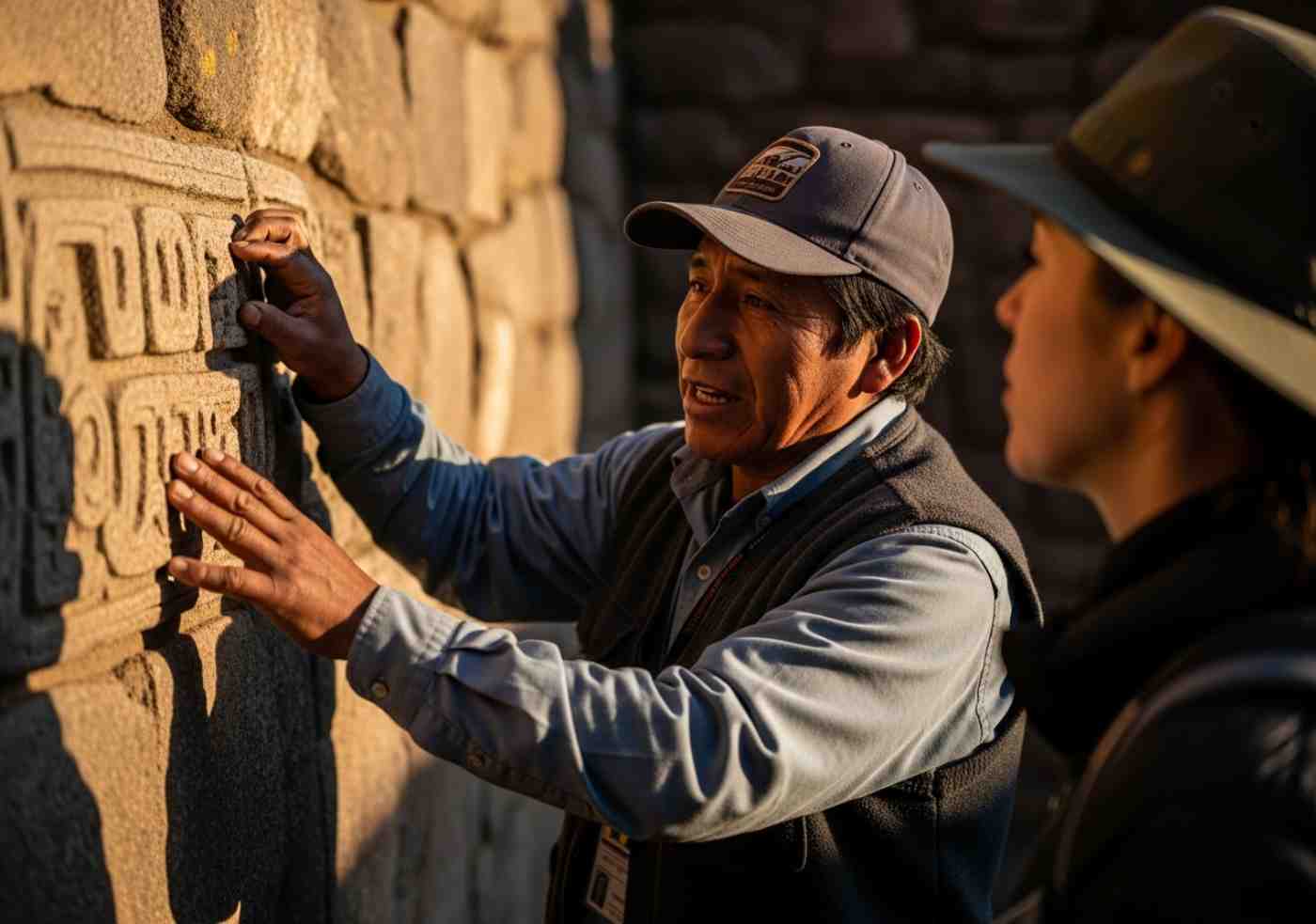 Un buen guía de turismo explicando con pasión la historia de unas ruinas incas a un grupo de viajeros atentos en los Andes de Perú