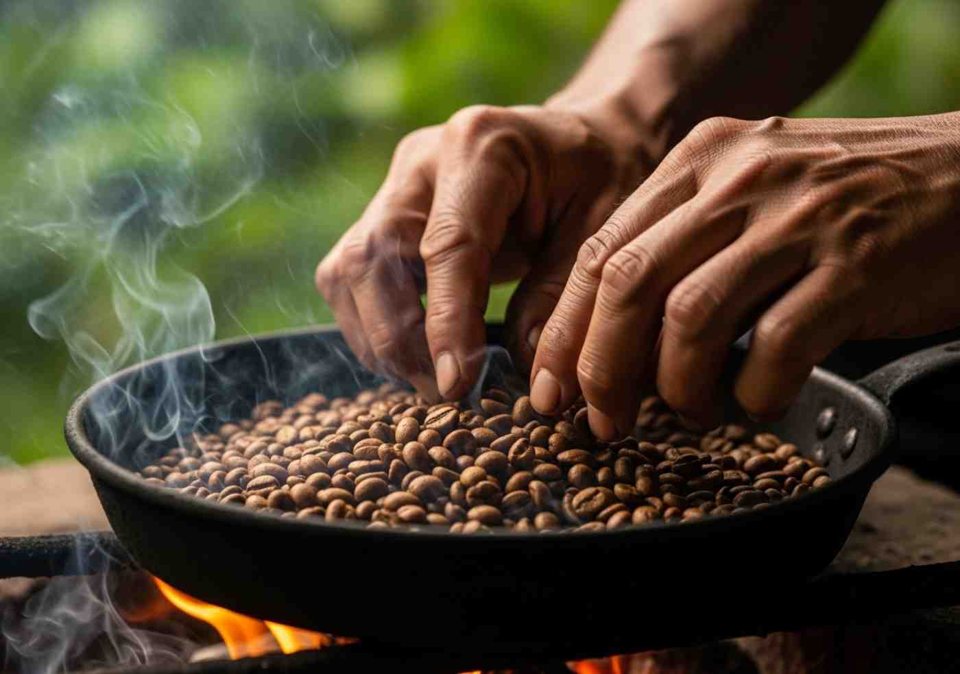 Primer plano de un agricultor local tostando granos de café en la selva de Cusco, una parada clave del Inka Jungle Tour.