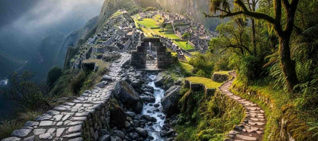 Comparativa visual del Camino Inca 4 días vs 2 días, mostrando dos senderos de piedra que conducen a Machu Picchu a través de la Puerta del Sol