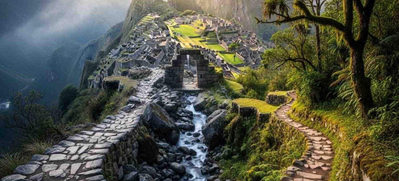 Comparativa visual del Camino Inca 4 días vs 2 días, mostrando dos senderos de piedra que conducen a Machu Picchu a través de la Puerta del Sol