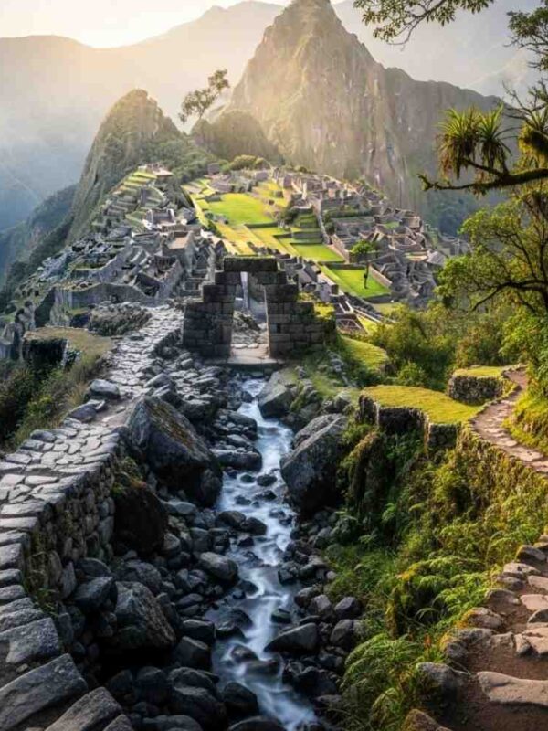 Comparativa visual del Camino Inca 4 días vs 2 días, mostrando dos senderos de piedra que conducen a Machu Picchu a través de la Puerta del Sol