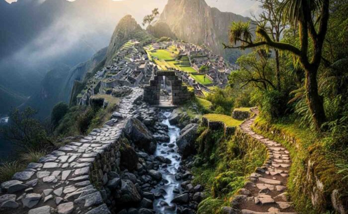 Comparativa visual del Camino Inca 4 días vs 2 días, mostrando dos senderos de piedra que conducen a Machu Picchu a través de la Puerta del Sol