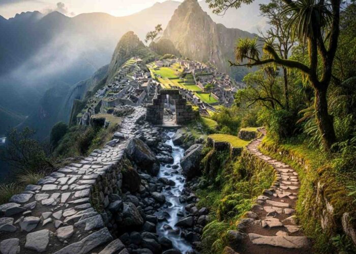 Comparativa visual del Camino Inca 4 días vs 2 días, mostrando dos senderos de piedra que conducen a Machu Picchu a través de la Puerta del Sol
