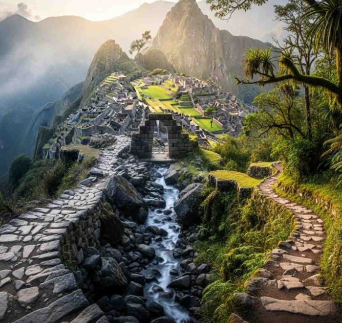 Comparativa visual del Camino Inca 4 días vs 2 días, mostrando dos senderos de piedra que conducen a Machu Picchu a través de la Puerta del Sol