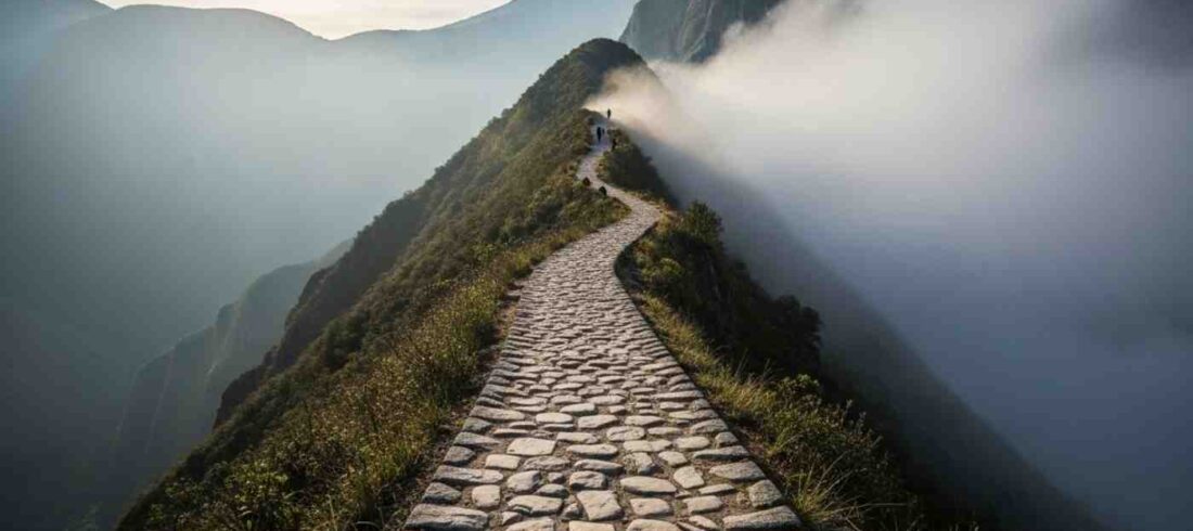 Un senderista recorriendo un tramo místico del Camino Inca, con escaleras de piedra desapareciendo entre la niebla de los Andes, ilustrando los momentos transformadores del viaje