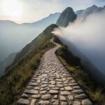Un senderista recorriendo un tramo místico del Camino Inca, con escaleras de piedra desapareciendo entre la niebla de los Andes, ilustrando los momentos transformadores del viaje