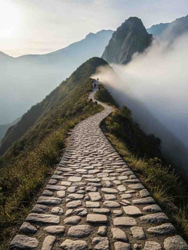 Un senderista recorriendo un tramo místico del Camino Inca, con escaleras de piedra desapareciendo entre la niebla de los Andes, ilustrando los momentos transformadores del viaje