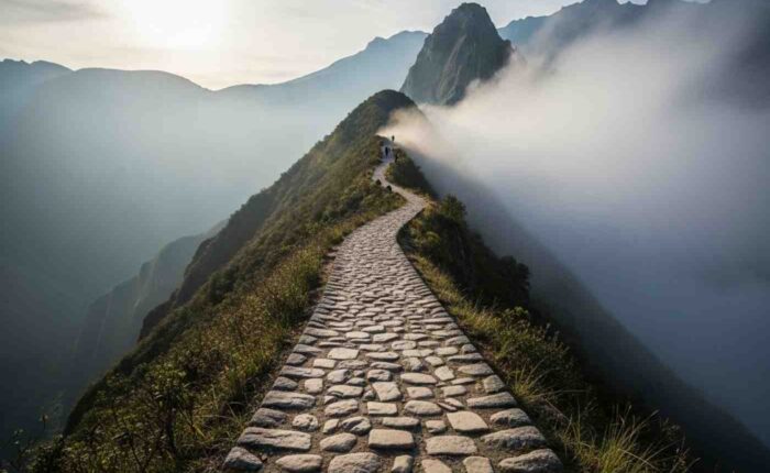 Un senderista recorriendo un tramo místico del Camino Inca, con escaleras de piedra desapareciendo entre la niebla de los Andes, ilustrando los momentos transformadores del viaje
