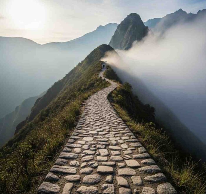 Un senderista recorriendo un tramo místico del Camino Inca, con escaleras de piedra desapareciendo entre la niebla de los Andes, ilustrando los momentos transformadores del viaje