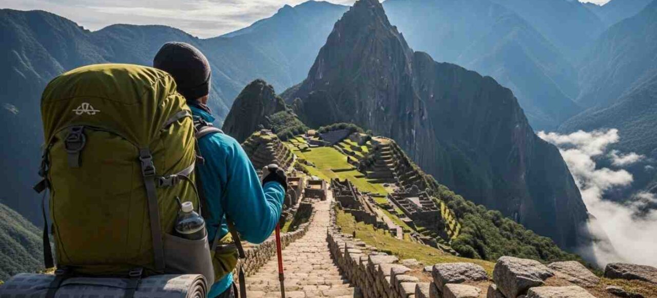 Un hiker con su mochila mira el sendero de piedra en el paisaje montañoso de los Andes, parte del checklist de equipaje para el Camino Inca de 4 días