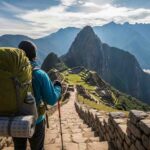 Un hiker con su mochila mira el sendero de piedra en el paisaje montañoso de los Andes, parte del checklist de equipaje para el Camino Inca de 4 días