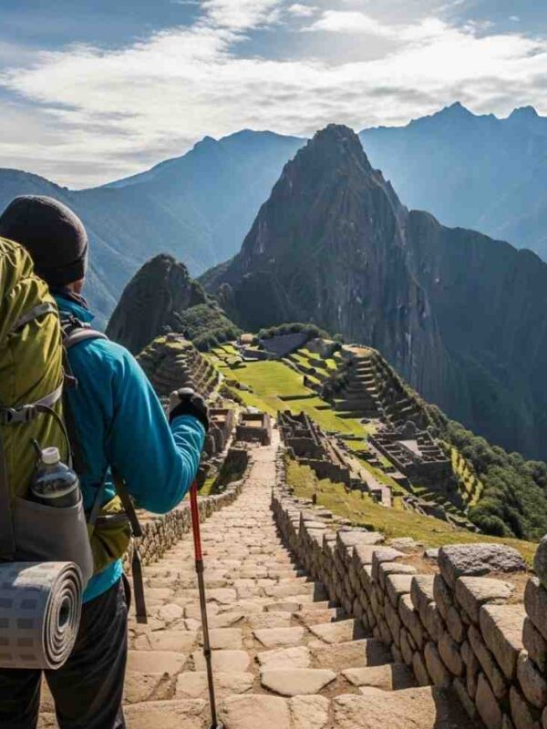 Un hiker con su mochila mira el sendero de piedra en el paisaje montañoso de los Andes, parte del checklist de equipaje para el Camino Inca de 4 días