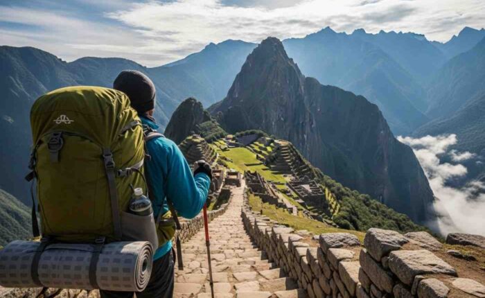 Un hiker con su mochila mira el sendero de piedra en el paisaje montañoso de los Andes, parte del checklist de equipaje para el Camino Inca de 4 días