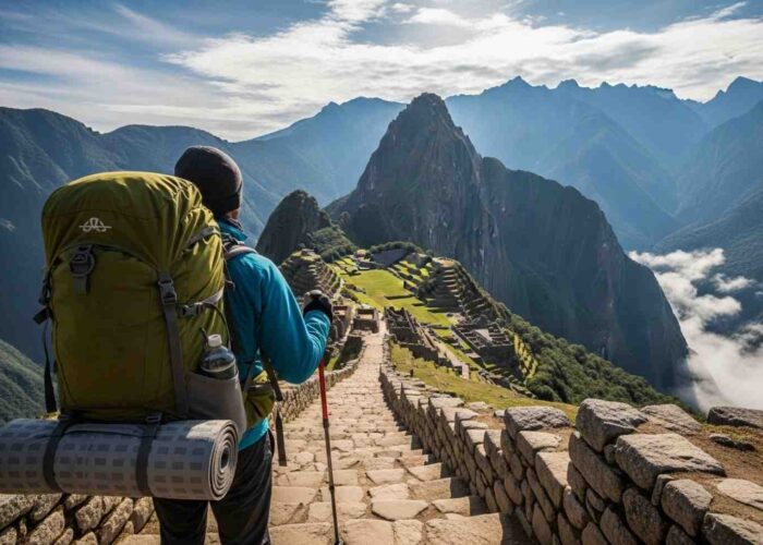 Un hiker con su mochila mira el sendero de piedra en el paisaje montañoso de los Andes, parte del checklist de equipaje para el Camino Inca de 4 días