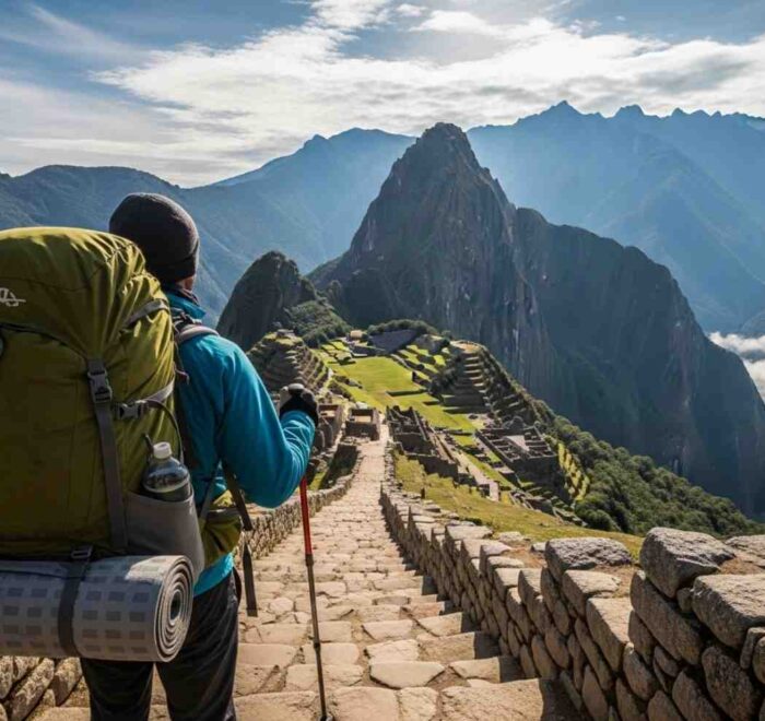 Un hiker con su mochila mira el sendero de piedra en el paisaje montañoso de los Andes, parte del checklist de equipaje para el Camino Inca de 4 días