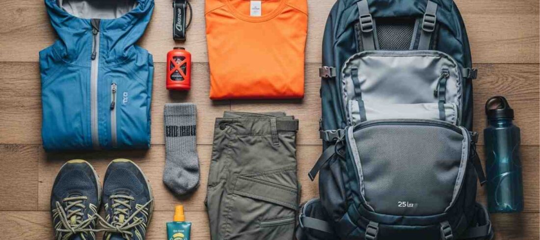 Checklist completo de equipaje para el Inka Jungle con una mochila y ropa de trekking desplegada sobre un suelo de madera
