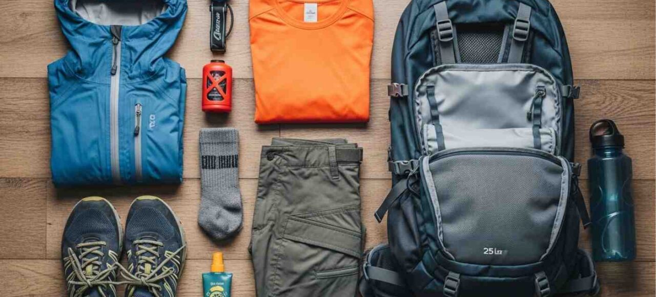 Checklist completo de equipaje para el Inka Jungle con una mochila y ropa de trekking desplegada sobre un suelo de madera