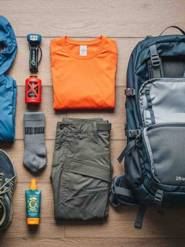 Checklist completo de equipaje para el Inka Jungle con una mochila y ropa de trekking desplegada sobre un suelo de madera