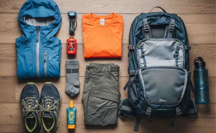 Checklist completo de equipaje para el Inka Jungle con una mochila y ropa de trekking desplegada sobre un suelo de madera