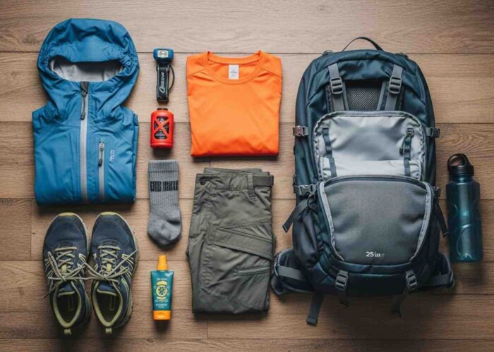 Checklist completo de equipaje para el Inka Jungle con una mochila y ropa de trekking desplegada sobre un suelo de madera